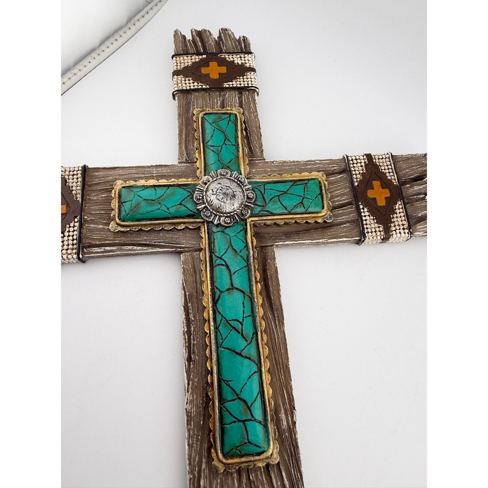 Western Wall Cross‎ OS Turquoise Brown Excellent Rustic Faux Wood Resin